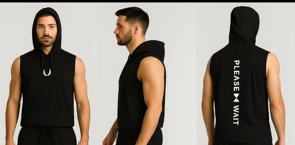 Erkek Lette Kapüşonlu Armalı Esnek Kolsuz Siyah T-Shirt - 2