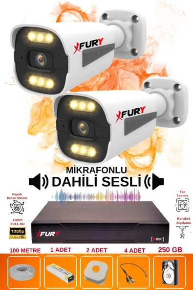 FURY 2 li Sesli 6 Warm Led Gece Renkli Görüş Su Geçirmez Güvenlik Kamerası Seti 250GB ürün görseli