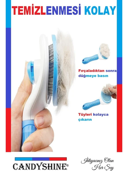 Otomatik Temizlenen Tuşlu Tüy Toplayıcı Tarak Kedi Köpek Mavi - 2