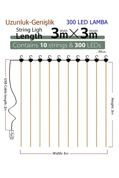 8 Fonksiyonlu Peri Perde Led Uzaktan Kumandalı Günışığı Perde Peri Led (3 mt x 3 mt) - 3