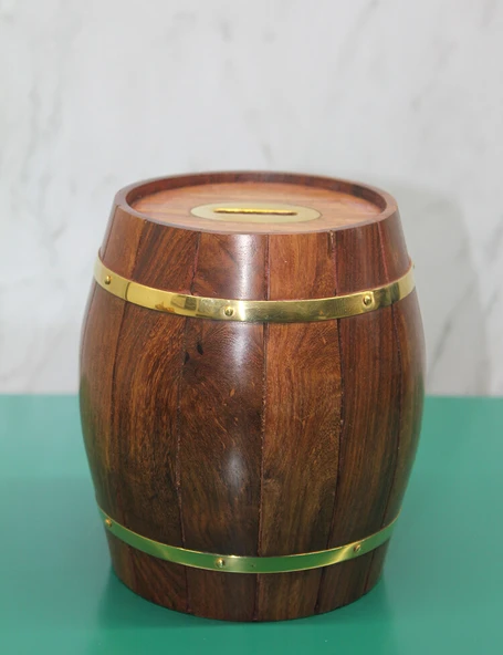 Pirinç Ahşap Fıçı Kumbara ürün görseli