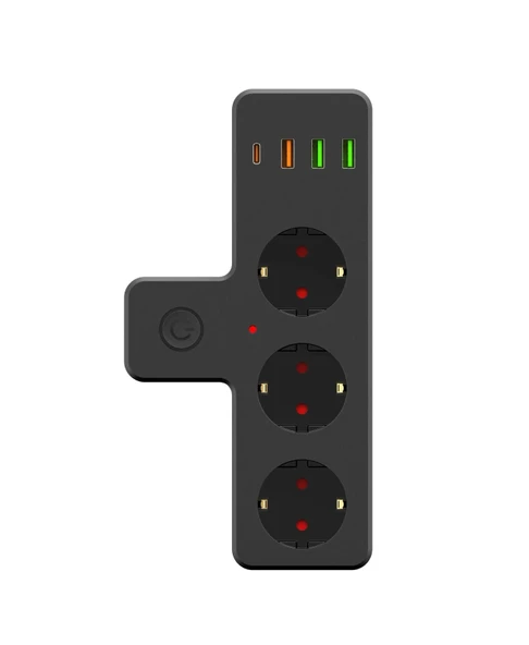Termal Akım Korumalı Isıya Dayanıklı 3 lü Priz 3x Usb 1x Type-c
