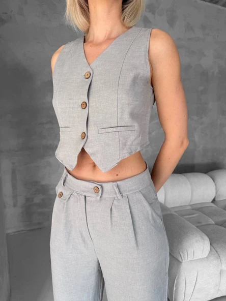 Essential yelek pantolon takım gri s255254 - 4