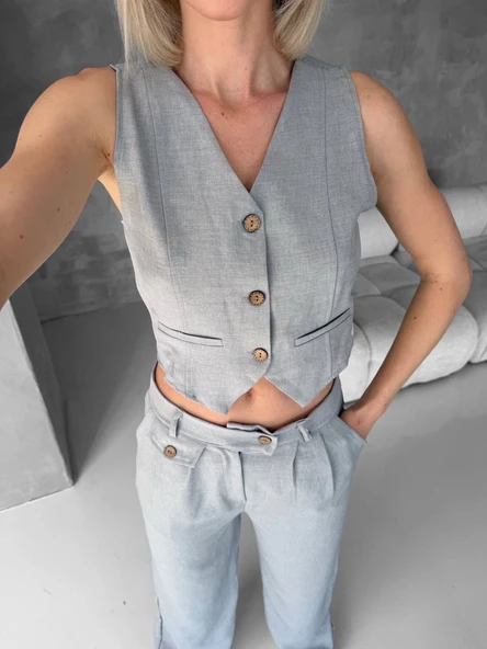 Essential yelek pantolon takım gri s255254 - 5