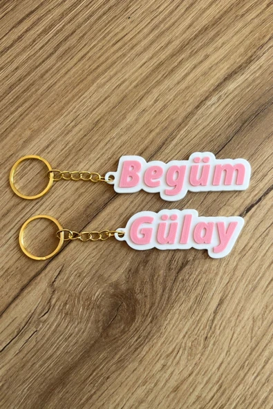 Özel Tasarım Çiftli İsim Anahtarlığı - Pembe Renk Kişiselleştirilmiş Anahtar ve Çanta Aksesuarı - 2