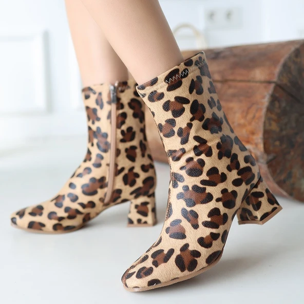 Birta Leopar Cilt Streç Topuklu Bot - 4