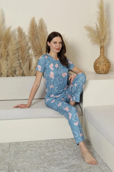 Kadın Desenli Bisiklet Yaka Düğmesiz Bambu Yazlık Kısa Kol Pijama Takımı-Dar Kesim - 4