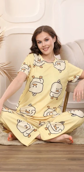 Kadın Desenli Bisiklet Yaka Düğmesiz Bambu Yazlık Kısa Kol Pijama Takımı-Dar Kesim - 2