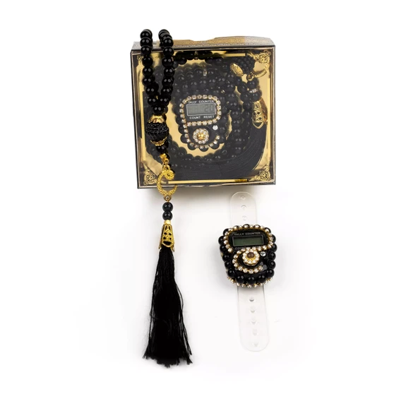 Taşlı Zikirmatik Tesbih Hediye Seti (Siyah) - 2