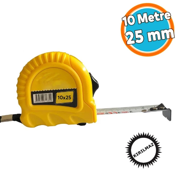 Şerit Metre Metal Bükülebilir 10 metre En 25 mm Düğmeli Ölçüm Ölçme Plastik Kasalı Yüksek Kalite