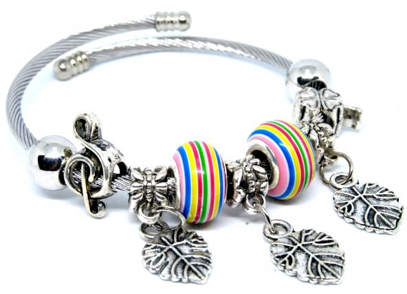 PANDORA MODEL RENKLİ BONCUKLU YAPRAKLI TASARIM BİLEKLİK