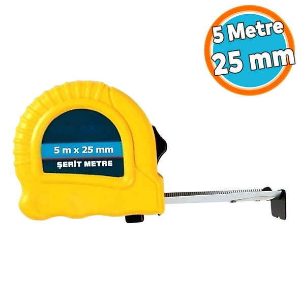Şerit Metre Metal Bükülebilir 5 metre En 25 mm Düğmeli Ölçüm Ölçme Plastik Kasalı Yüksek Kalite