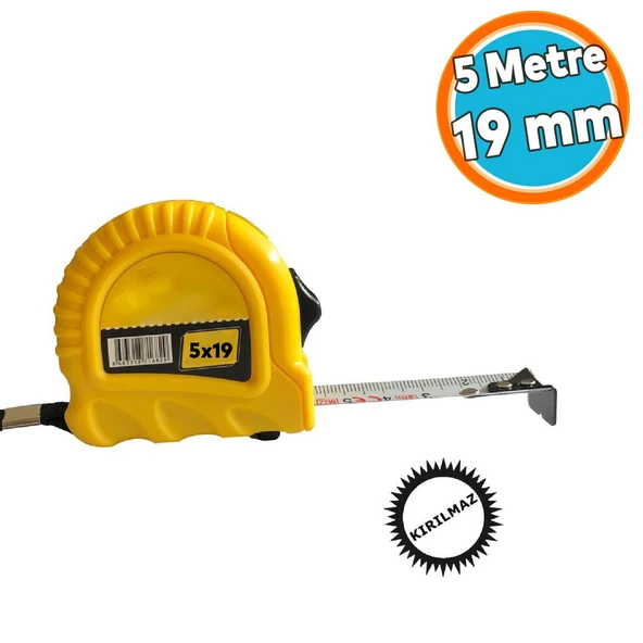 Şerit Metre Metal Bükülebilir 5 metre En 19 mm Düğmeli Ölçüm Ölçme Plastik Kasalı Yüksek Kalite
