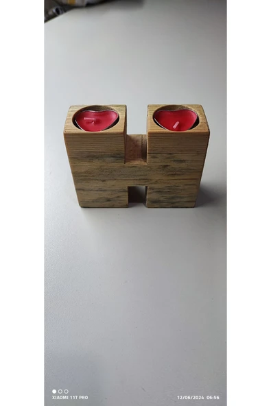 ’’ H ’’ Harfli 2 ’li Ahşap Mumluk + 2 Adet Tealight Mum !!! - 3