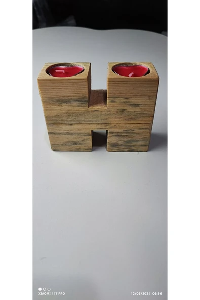 ’’ H ’’ Harfli 2 ’li Ahşap Mumluk + 2 Adet Tealight Mum !!!