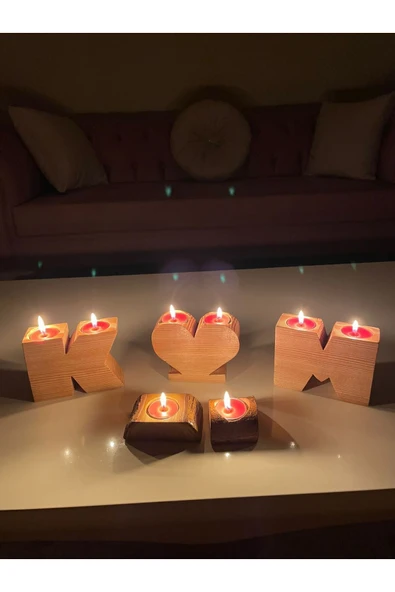 Kalp Desenli 2 ’li Ahşap Mumluk + 2 Adet Tealight Mum !!! - 2