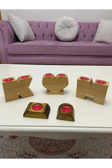 ﻿Kalp Desenli 2 ’li Ahşap Mumluk + 2 Adet Tealight Mum !!! - 3