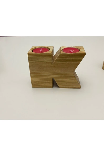 ﻿’’ K ’’ Harfli 2 ’li Ahşap Mumluk + 2 Adet Tealight Mum !!!