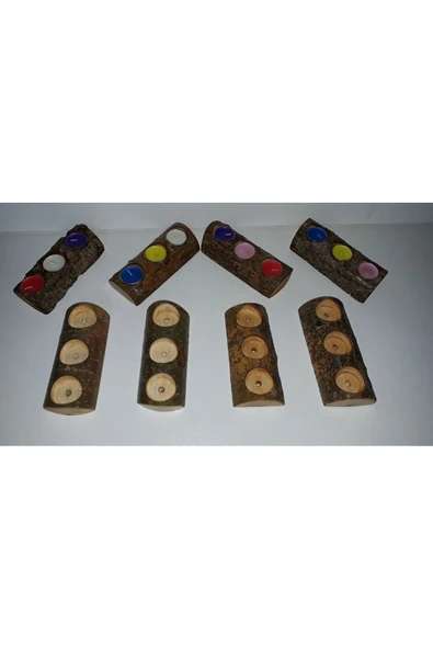 Doğal Kütük - 3 ’lü Ahşap Mumluk + 3 Adet Tealight Mum !!! - 2