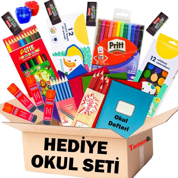 HEDİYELİK İLK OKUL SETİ KURU SULU PASTEL KEÇELİ BOYA KALEM SİLGİ+