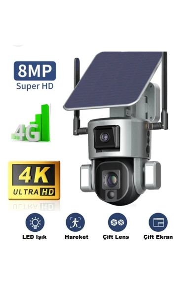 Urfakent 4g Solar Kamera 4k 8mp Çift Lensli Hareket Takipli 10x Optik Zoom Hafıza Kartı Dahildir