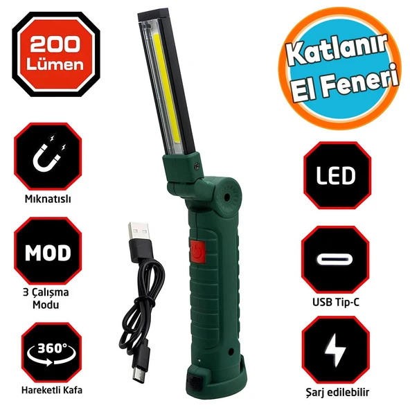 Katlanır El Feneri Led USB Şarjlı Taşınabilir Kamp Lambası Beyaz Işık Mıknatıslı 200 Lümen