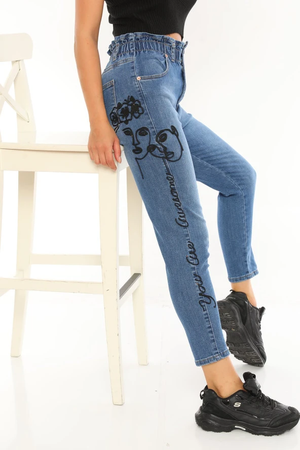 Kadın Mavi Yüksek Bel Likralı Beli Lastikli Yüz Nakış İşlemeli Rahat Kot Pantolon - 5