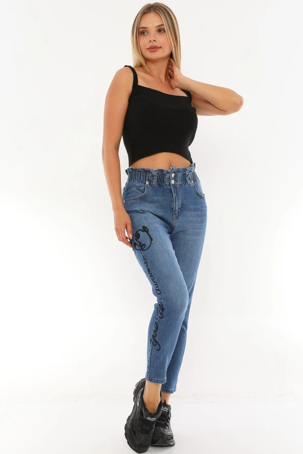 Kadın Mavi Yüksek Bel Likralı Beli Lastikli Yüz Nakış İşlemeli Rahat Kot Pantolon - 6