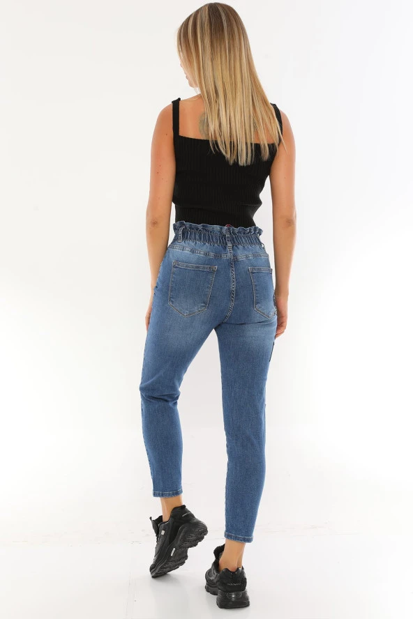 Kadın Mavi Yüksek Bel Likralı Beli Lastikli Yüz Nakış İşlemeli Rahat Kot Pantolon - 8