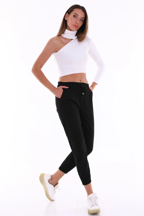 Kadın Siyah Özel Ekstra Esnek Kumaş Full Likralı Beli Lastikli Pantolon - 4