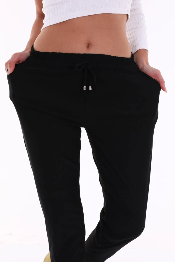 Kadın Siyah Özel Ekstra Esnek Kumaş Full Likralı Beli Lastikli Pantolon - 5