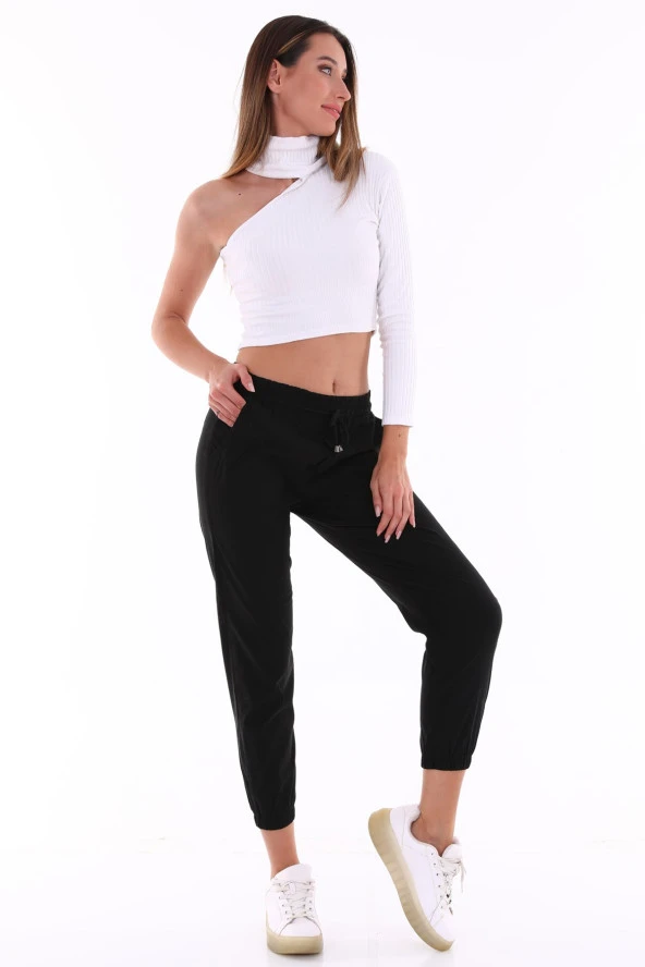 Kadın Siyah Özel Ekstra Esnek Kumaş Full Likralı Beli Lastikli Pantolon - 6