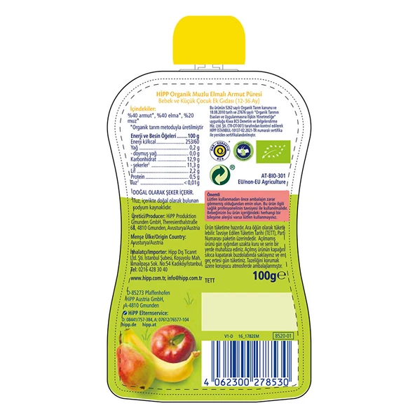 Organik Muzlu Elmalı Armutlu Meyve Püresi 100 gr - 2