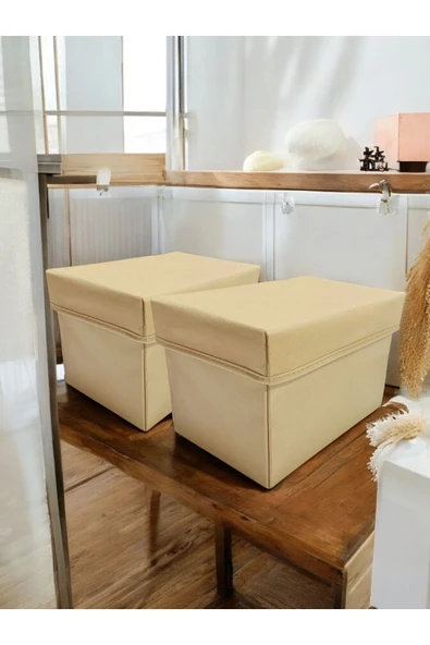 Balkan Room 2 Adet Bej Kapaklı Dolap İçi Düzenleyici Kutu Çok Amaçlı Saklama Kutusu Large 30x20x20 cm - 2