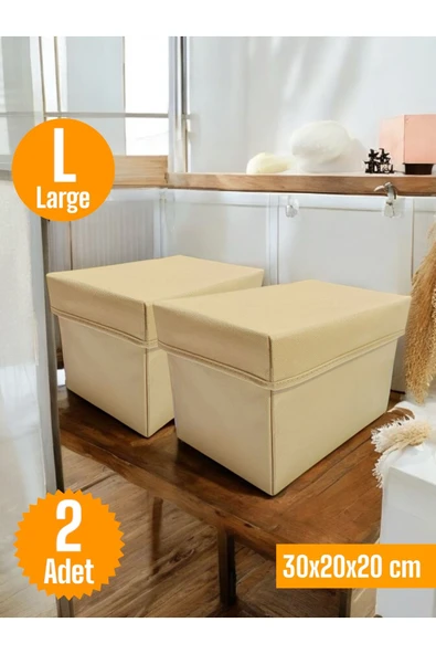 Balkan Room 2 Adet Bej Kapaklı Dolap İçi Düzenleyici Kutu Çok Amaçlı Saklama Kutusu Large 30x20x20 cm