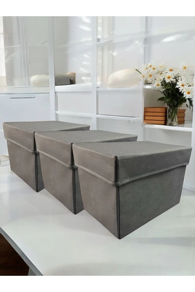 Balkan Room 3 Adet Antrasit Kapaklı Dolap İçi Düzenleyici Kutu Çok Amaçlı Saklama Kutusu Large 30x20x20 cm - 2