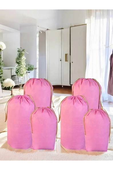 Balkan Room Pembe Büzgülü Hurç 6'lı Set - 2XXL ,2XL, 2L - Taşınma Çantası -Yorgan Yastık Çamaşır Saklama Torbası