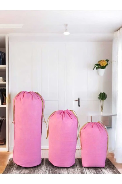 Balkan Room Pembe Büzgülü Hurç 3'lü Set - XXL ,XL, L - Taşınma Çantası - Yorgan Yastık Çamaşır Saklama Torbası