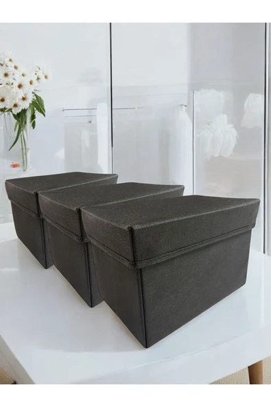 Balkan Room 3 Adet Siyah Kapaklı Dolap İçi Düzenleyici Kutu Çok Amaçlı Saklama Kutusu Large 30x20x20 cm - 2