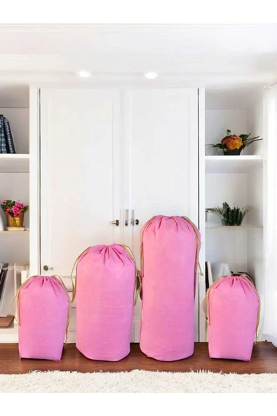 Balkan Room Pembe Büzgülü Hurç 4'lü Set - XXL ,XL, 2L - Taşınma Çantası - Yorgan Yastık Çamaşır Saklama Torbası