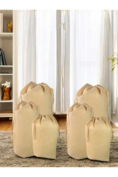 Balkan Room Bej Büzgülü Hurç 6'lı Set - 2XXL, 2XL, 2L - Taşınma Çantası - Yorgan Yastık Çamaşır Saklama Torbası
