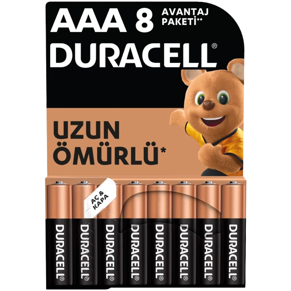 Duracell Alkalin AAA İnce Kalem Pil 1,5V (LR03 / MN2400) 8'li Paket