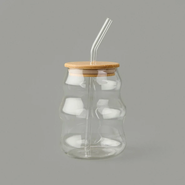 Bambu Kapaklı Pipetli Bardak - Açık Kahverengi / Şeffaf - 450 ml - 2