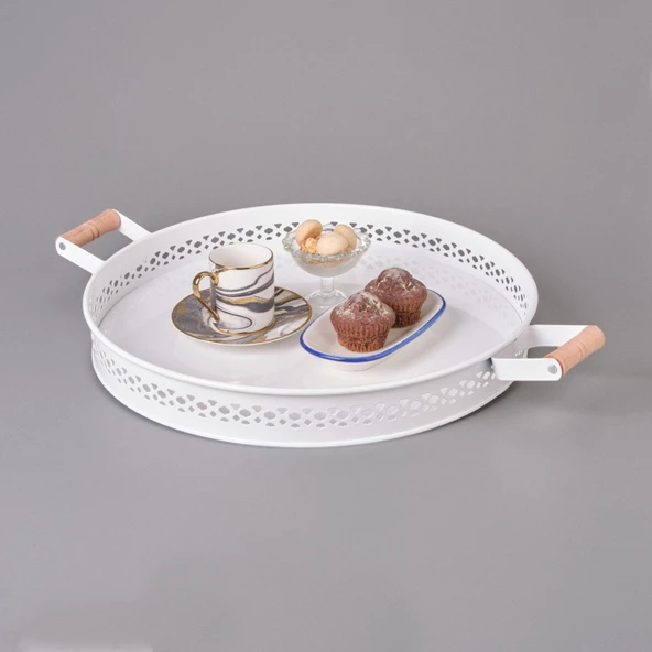 Ahşap Saplı Metal Village Tepsi - 38 cm - 2