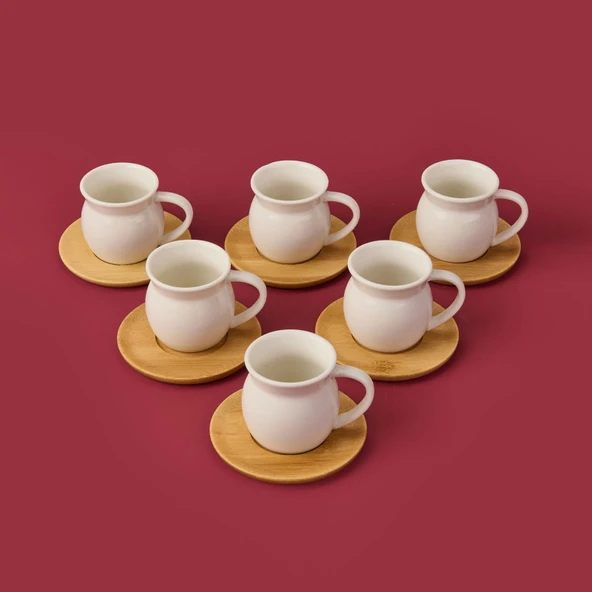 Bambu Tabaklı Geniş Fincan Seti - Açık Kahverengi / Beyaz - 100 ml - 3