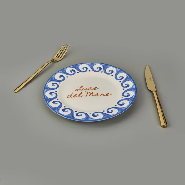 Kitchen Luve Del Mare Tatlı ve Kahvaltı Tabağı - Krem / Mavi - 21 cm