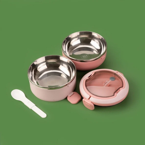 Yuvarlak 2 Katlı Çatal ve Kaşıklı Yemek Taşıma Kabı - Pembe - 850 ml - 3