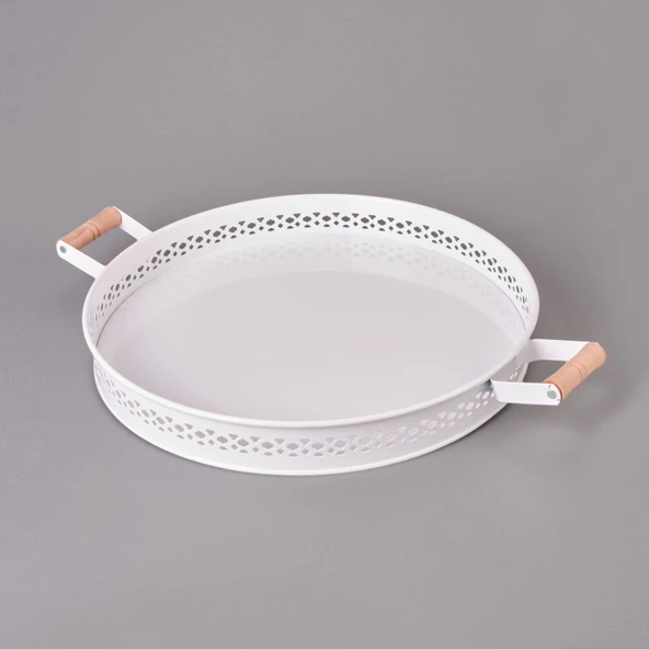 Ahşap Saplı Metal Village Tepsi - 38 cm