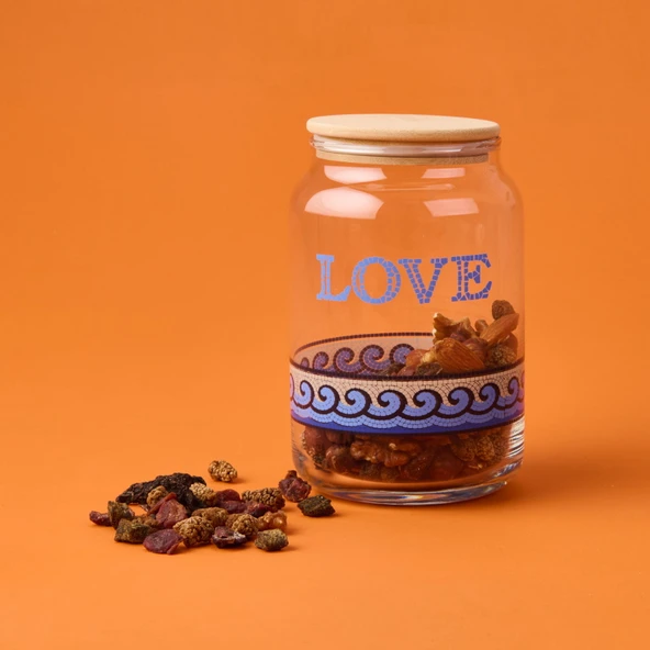 Blue Mosaiq Love Kapaklı Cam Kavanoz - Renkli - 970 ml - 2