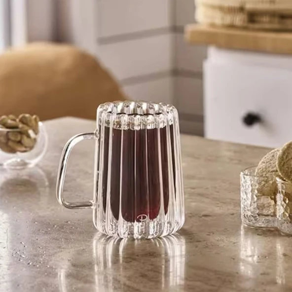 Stripe Long Çift Cidarlı Kupa - Şeffaf - 280 ml - 2